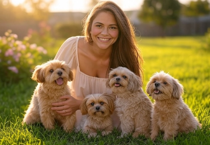 vrouw met puppy's in het gras. een band met huisdieren